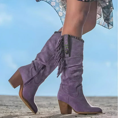 Stylish Knee-High Boots for Women Fringe Suede Western