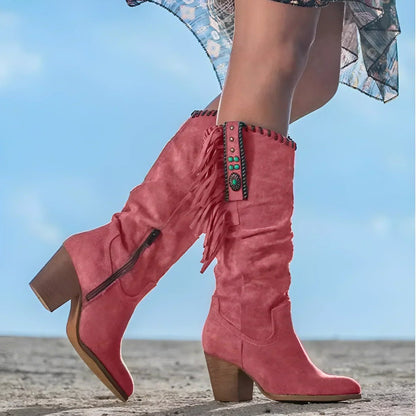 Stylish Knee-High Boots for Women Fringe Suede Western
