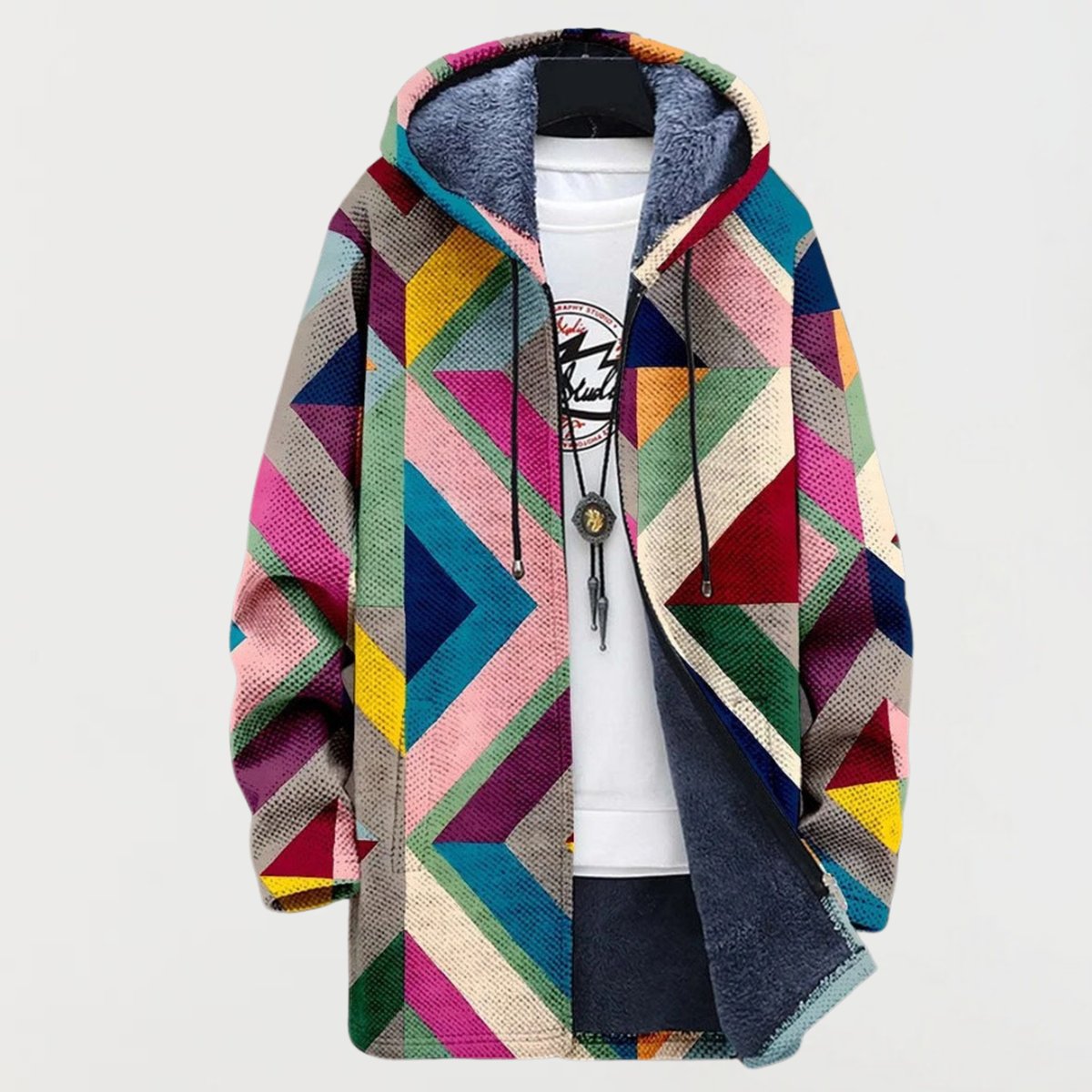 Stylish Hooded Jacket for Women Geometric-Print Fleece-Lined