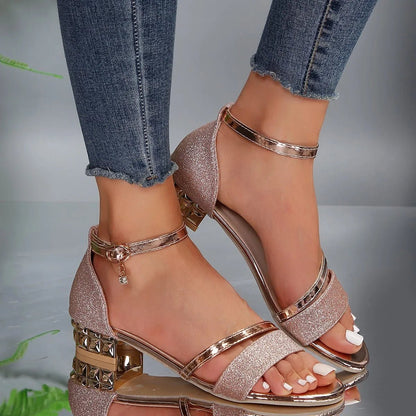 Comfortable Sandals for Women Glitter Block-Heel Ankle-Strap