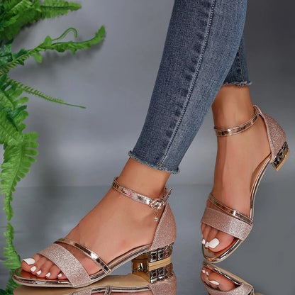 Comfortable Sandals for Women Glitter Block-Heel Ankle-Strap