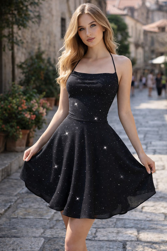Elegant Cocktail Dress for Women Glitter Halter Fit-and-Flare