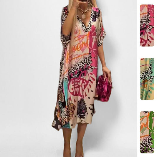 Stylish Tunic Dress for Women Graphic-Print V-Neck Swing