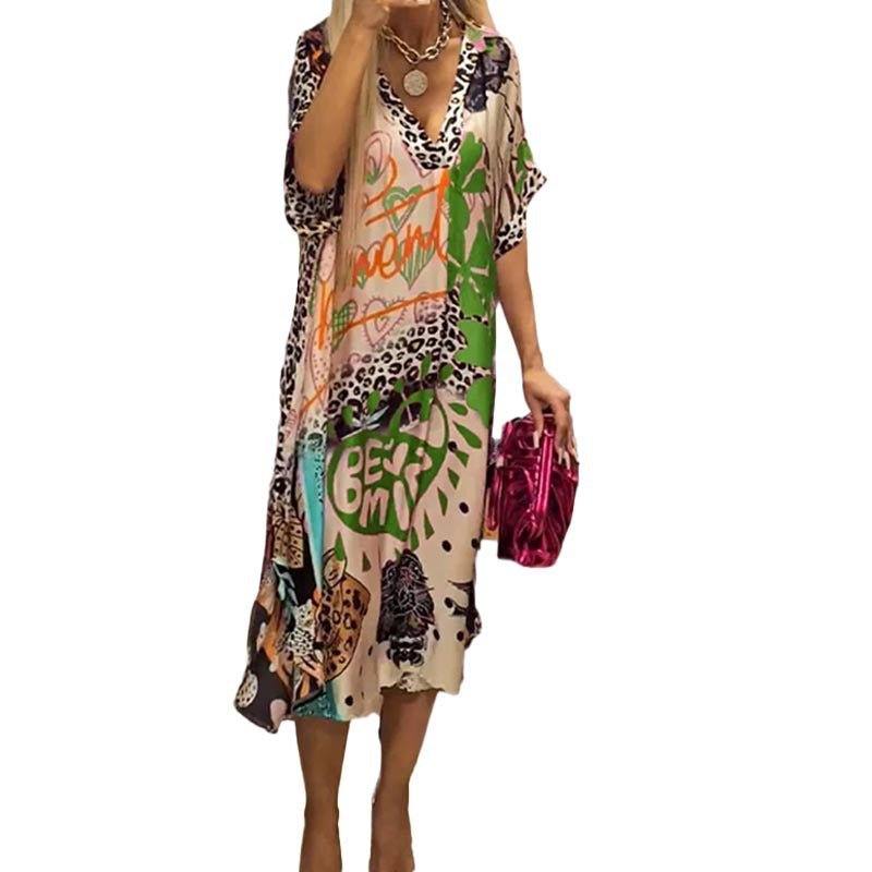 Stylish Tunic Dress for Women Graphic-Print V-Neck Swing