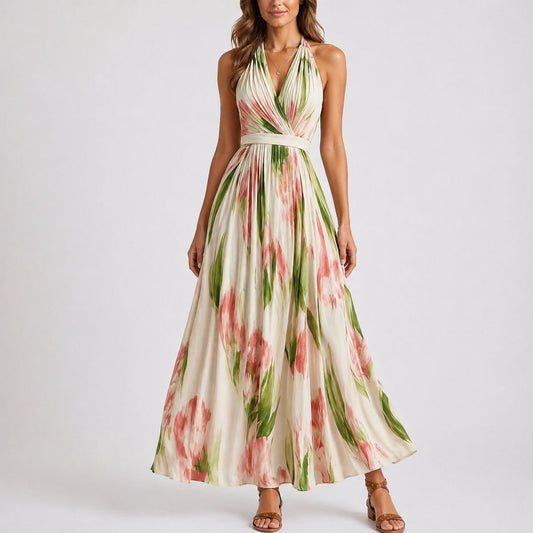 Elegant Maxi Dress for Women Halter Watercolor-Print Floral