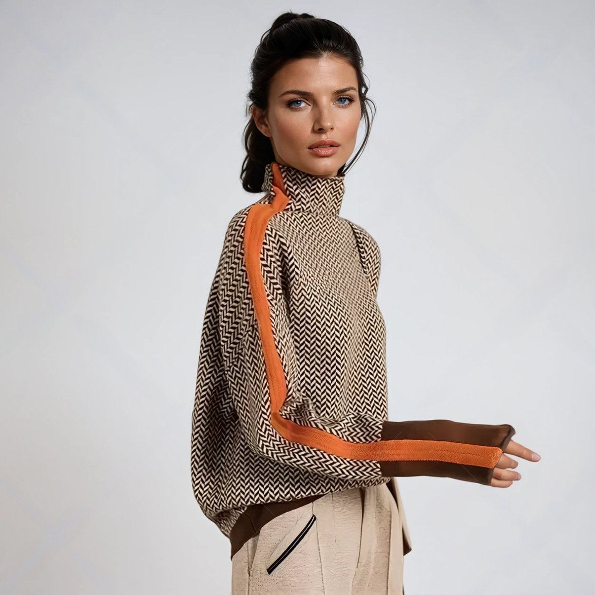 Stylish Turtleneck Sweater for Women Herringbone Contrast-Trim