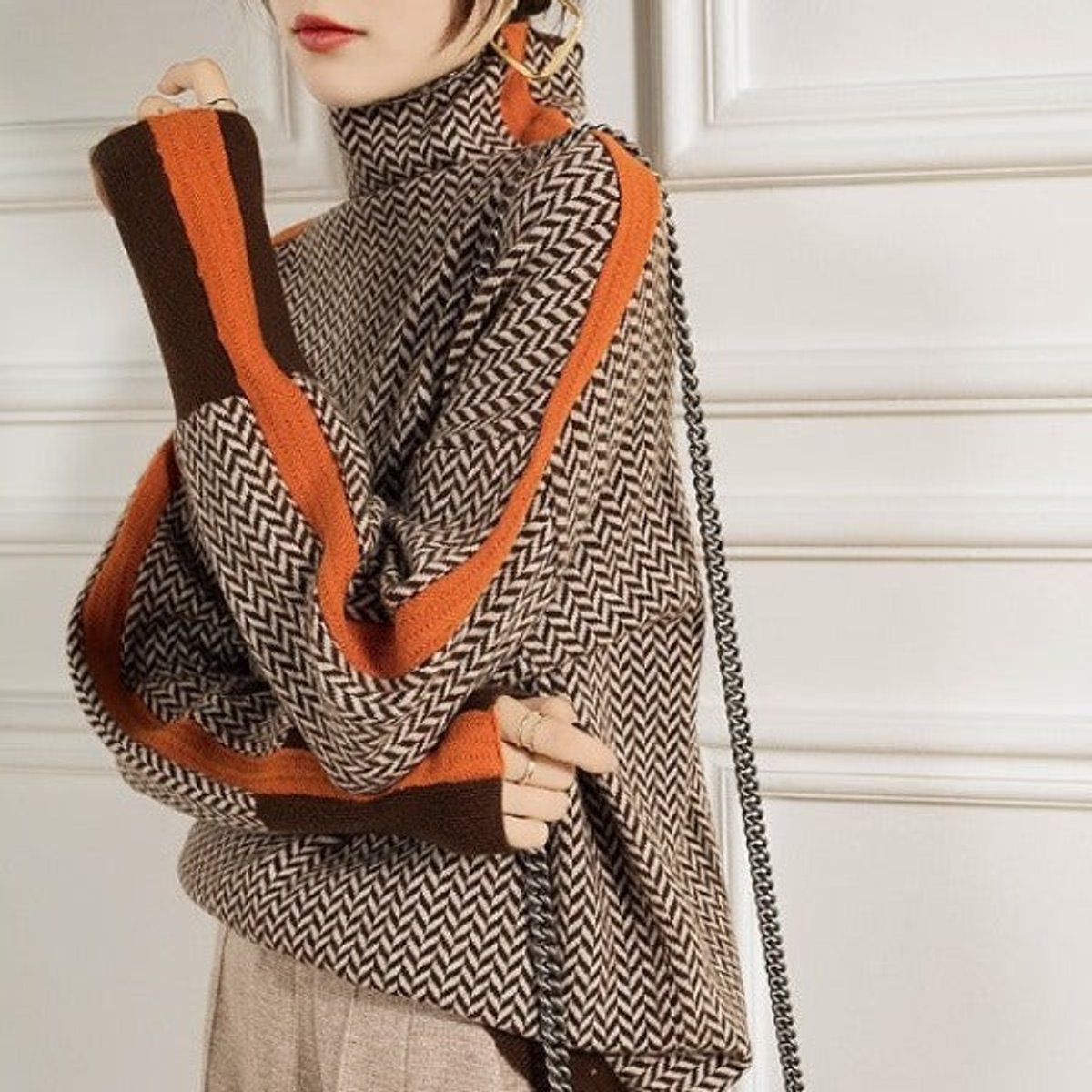 Stylish Turtleneck Sweater for Women Herringbone Contrast-Trim