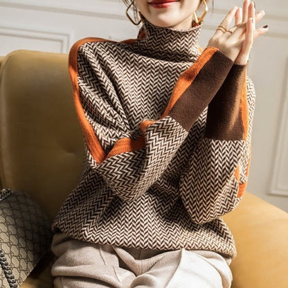Stylish Turtleneck Sweater for Women Herringbone Contrast-Trim