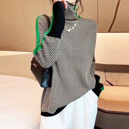 Stylish Turtleneck Sweater for Women Herringbone Contrast-Trim