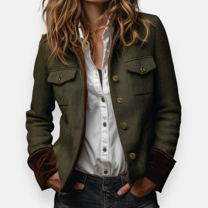 Stylish Herringbone Tweed Jacket for Women Military-Style Button-Front