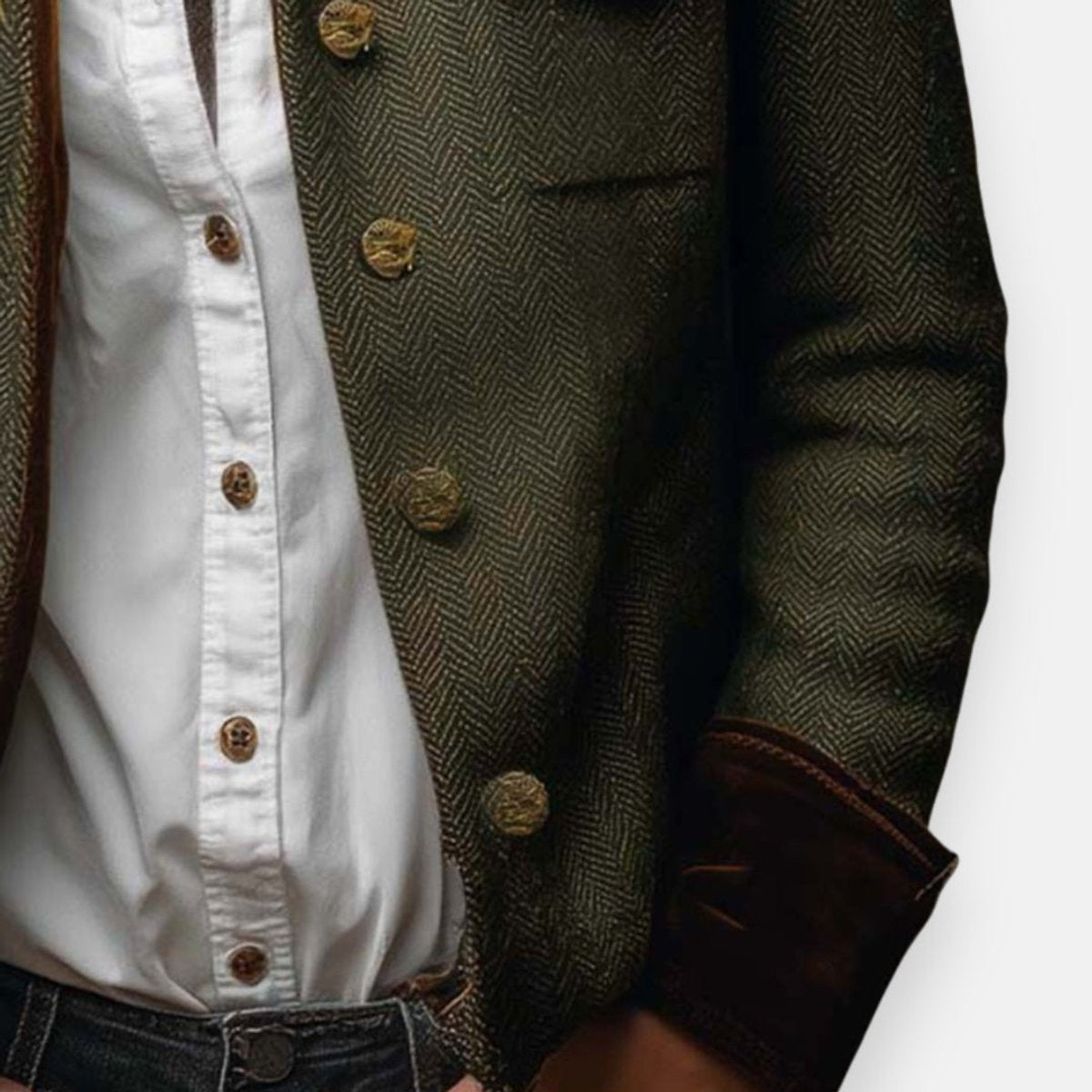 Stylish Herringbone Tweed Jacket for Women Military-Style Button-Front