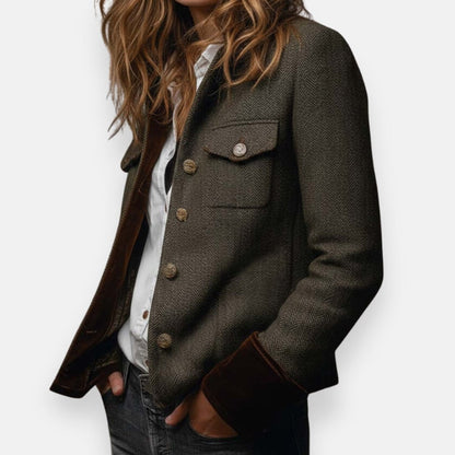 Stylish Herringbone Tweed Jacket for Women Military-Style Button-Front