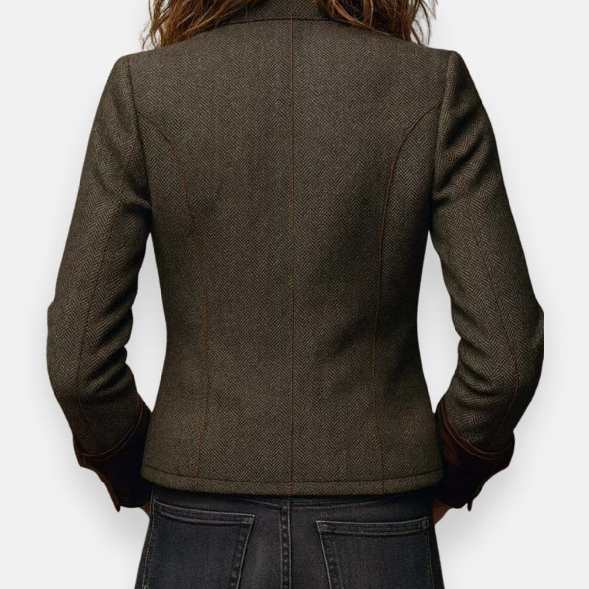 Stylish Herringbone Tweed Jacket for Women Military-Style Button-Front