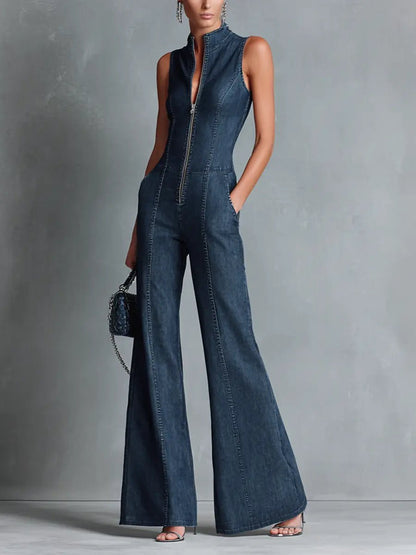 Stylish Jumpsuit for Women High-Neck Zip-Front Flare-Leg