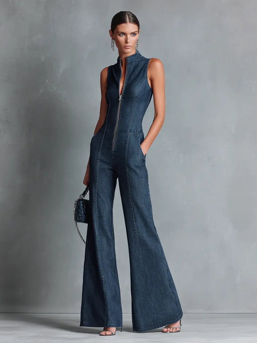 Stylish Jumpsuit for Women High-Neck Zip-Front Flare-Leg