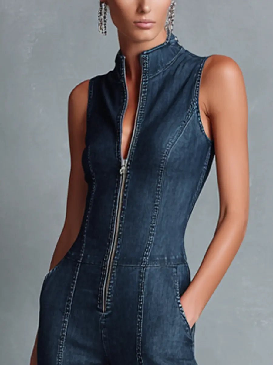 Stylish Jumpsuit for Women High-Neck Zip-Front Flare-Leg