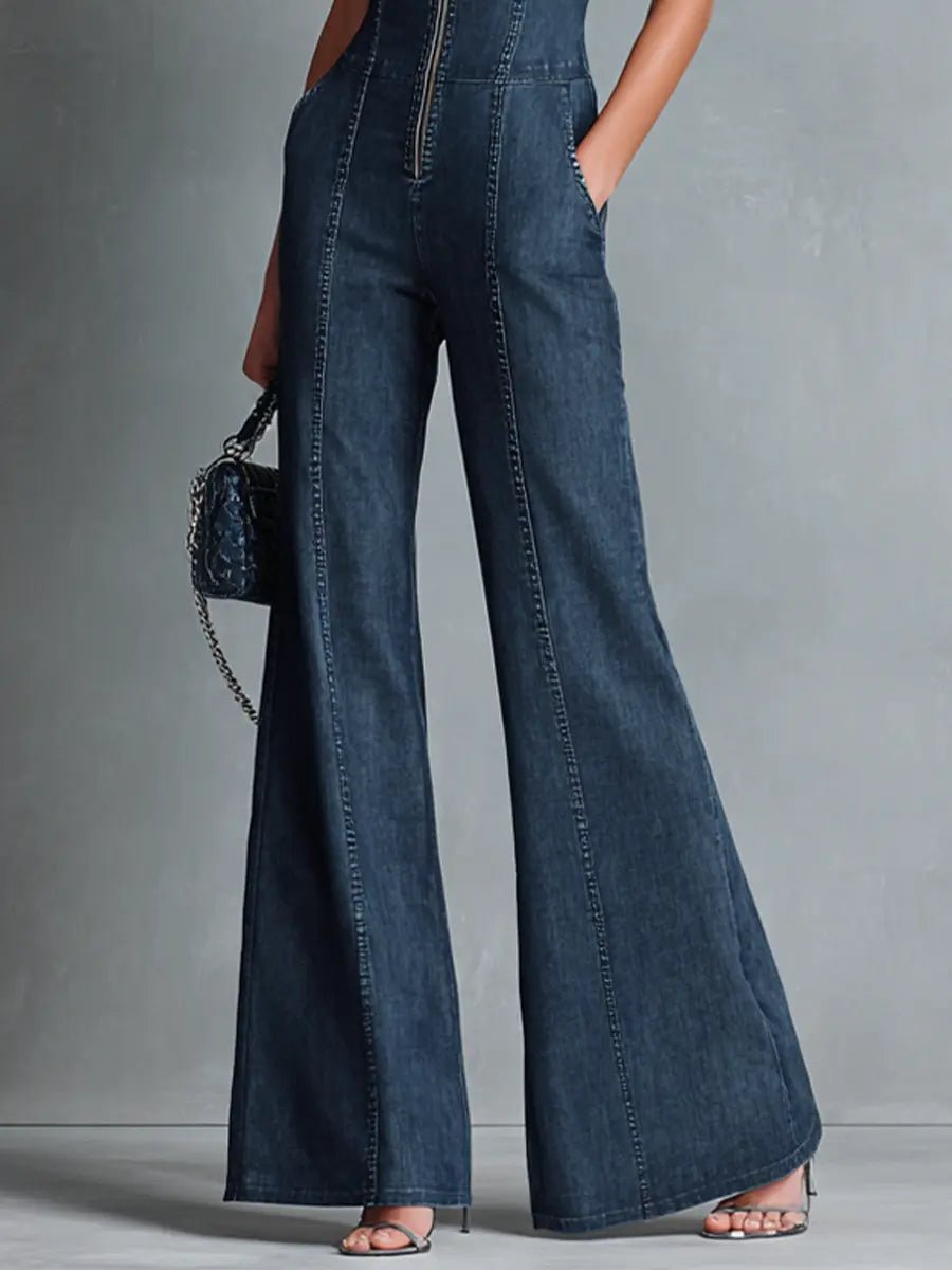 Stylish Jumpsuit for Women High-Neck Zip-Front Flare-Leg