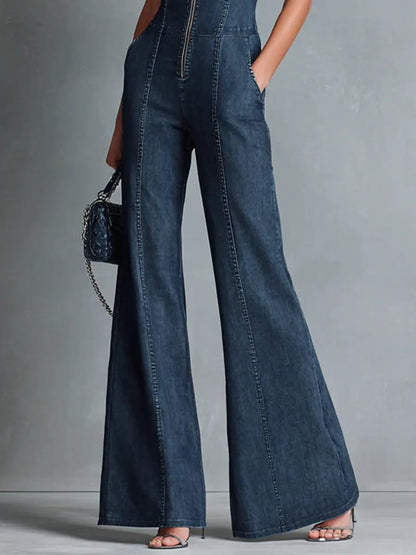 Stylish Jumpsuit for Women High-Neck Zip-Front Flare-Leg