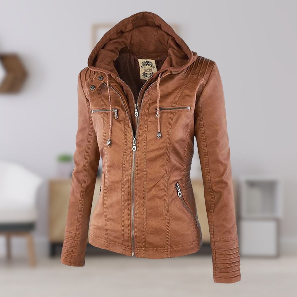 Stylish Moto Jacket for Women Hooded Faux-Leather