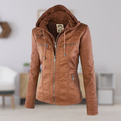 Stylish Moto Jacket for Women Hooded Faux-Leather