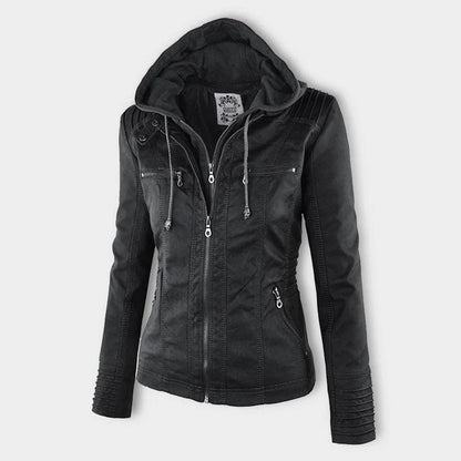 Stylish Moto Jacket for Women Hooded Faux-Leather