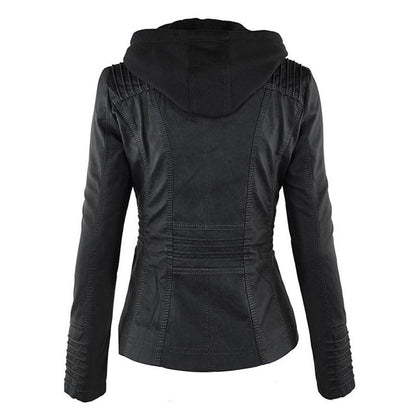Stylish Moto Jacket for Women Hooded Faux-Leather