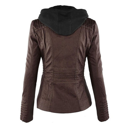 Stylish Moto Jacket for Women Hooded Faux-Leather