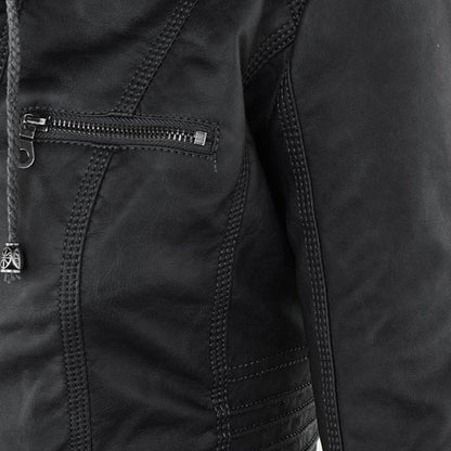 Stylish Moto Jacket for Women Hooded Faux-Leather