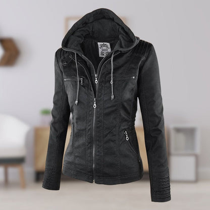 Stylish Moto Jacket for Women Hooded Faux-Leather