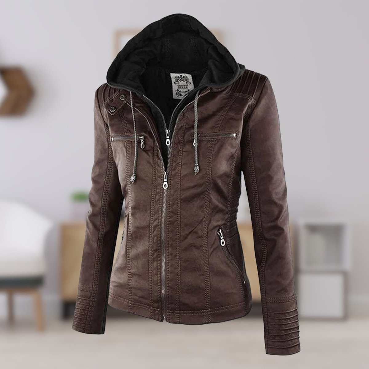 Stylish Moto Jacket for Women Hooded Faux-Leather