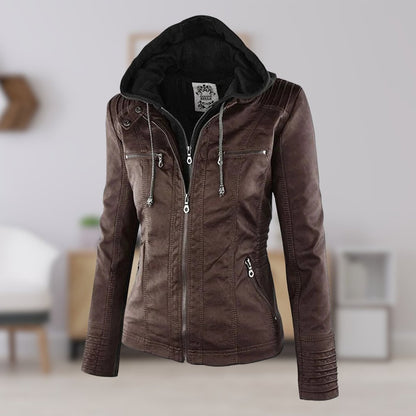 Stylish Moto Jacket for Women Hooded Faux-Leather