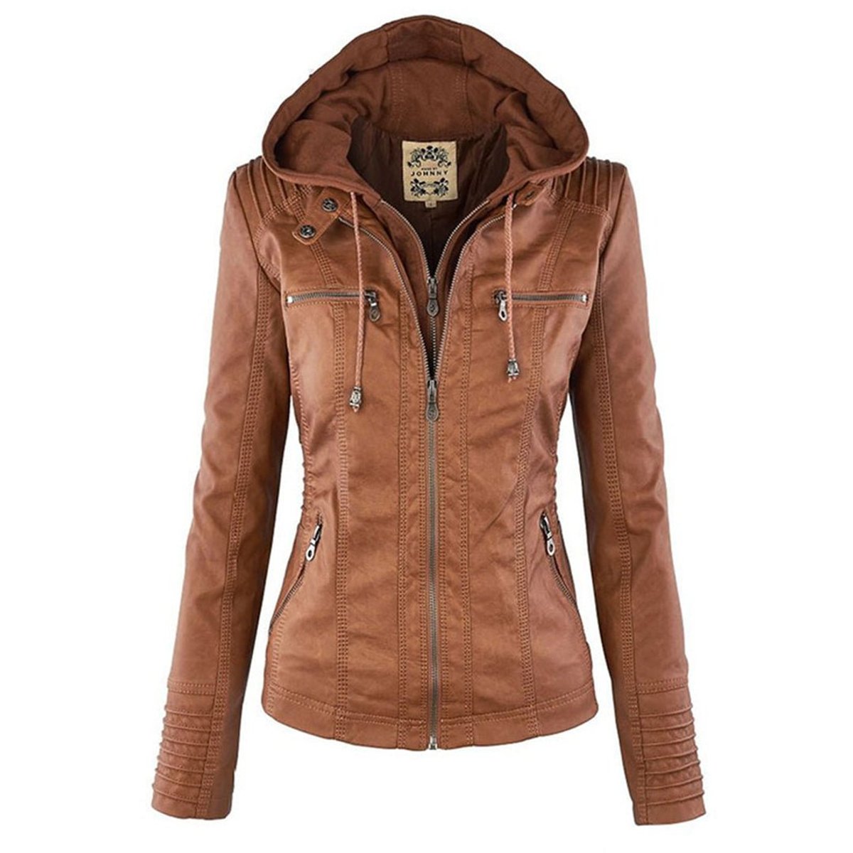Stylish Moto Jacket for Women Hooded Faux-Leather