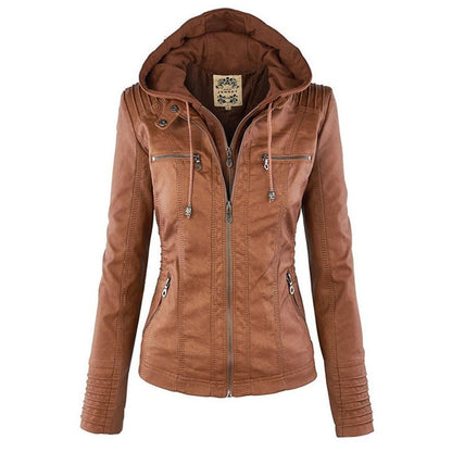 Stylish Moto Jacket for Women Hooded Faux-Leather