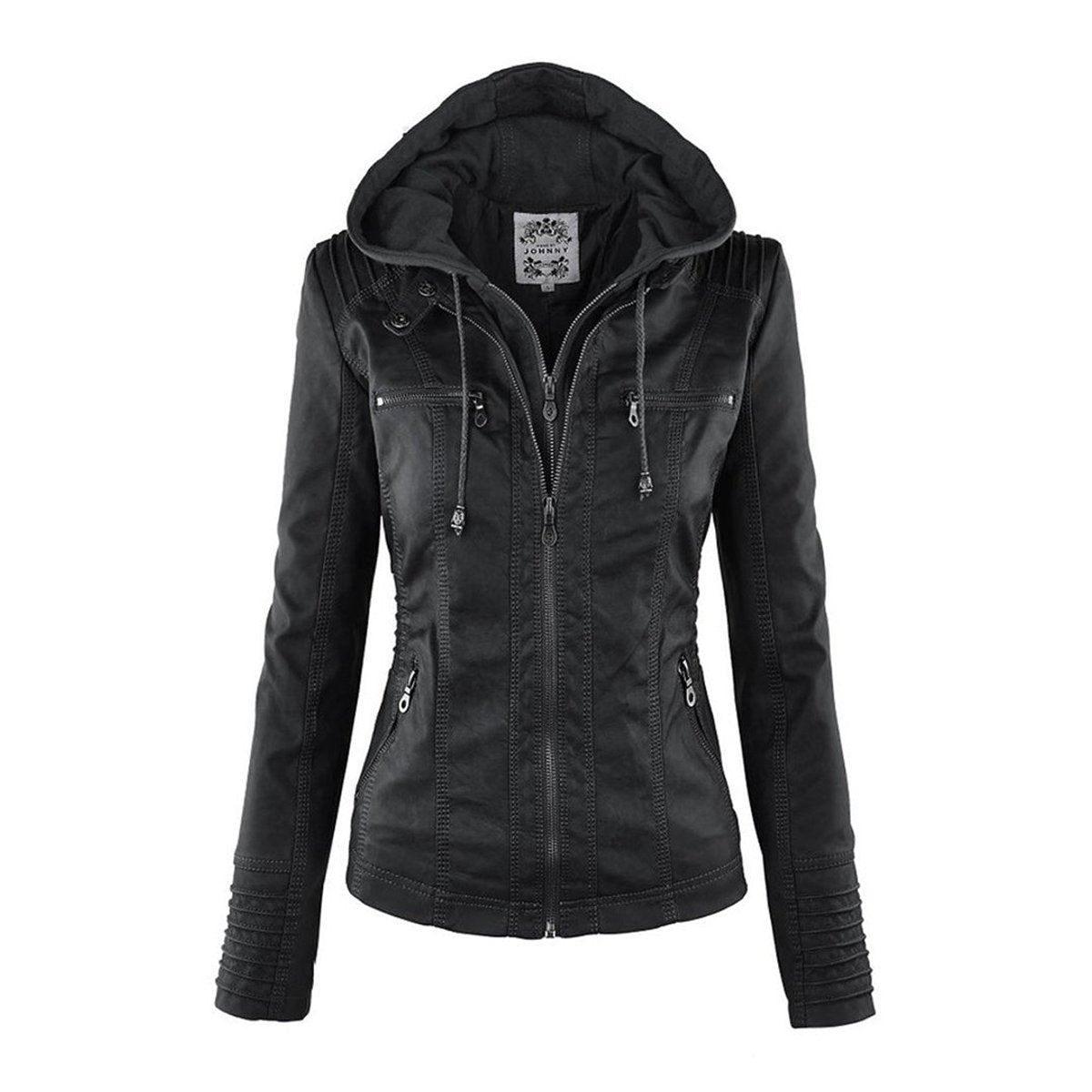 Stylish Moto Jacket for Women Hooded Faux-Leather