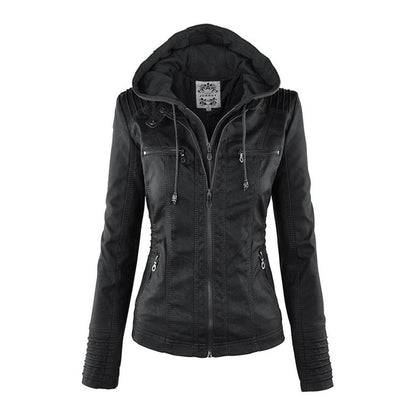 Stylish Moto Jacket for Women Hooded Faux-Leather