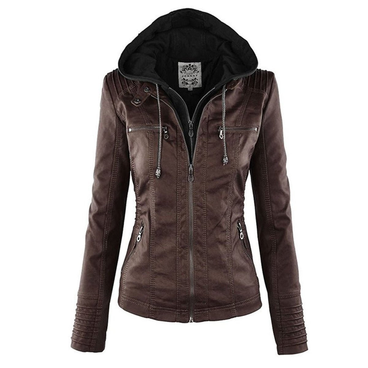 Stylish Moto Jacket for Women Hooded Faux-Leather
