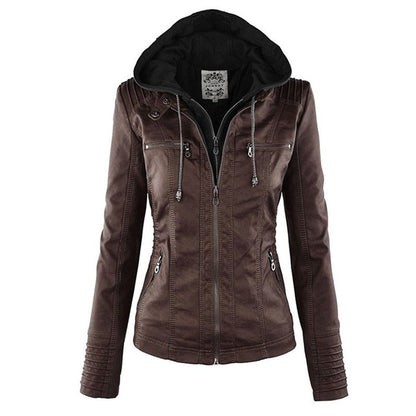Stylish Moto Jacket for Women Hooded Faux-Leather