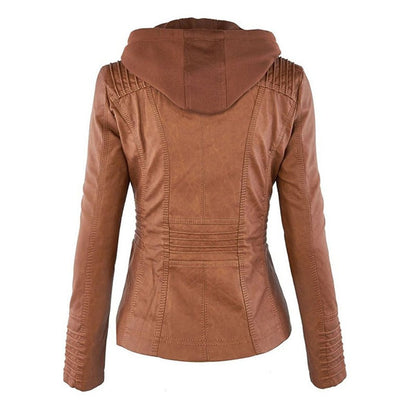 Stylish Moto Jacket for Women Hooded Faux-Leather