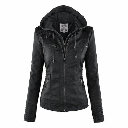 Comfortable Moto Jacket for Women Hooded Removable-Hood