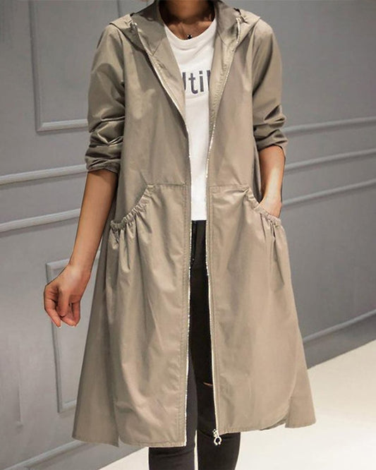 Effortless Trench Coat for Women Hooded Zip-Up Long