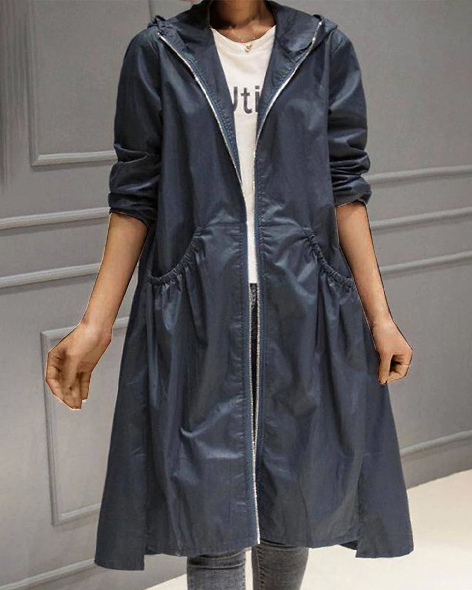 Effortless Trench Coat for Women Hooded Zip-Up Long