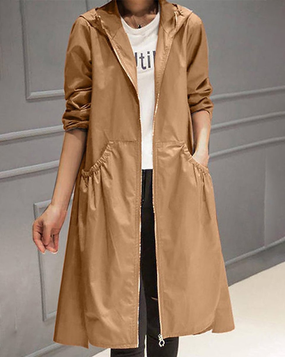 Effortless Trench Coat for Women Hooded Zip-Up Long