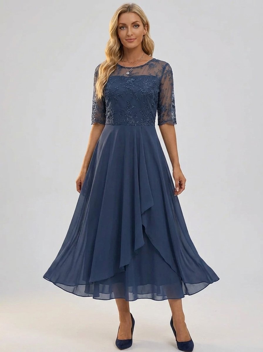 Elegant Midi Dress for Women Lace-Bodice Short-Sleeve
