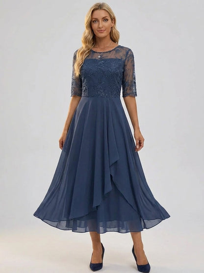 Elegant Midi Dress for Women Lace-Bodice Short-Sleeve