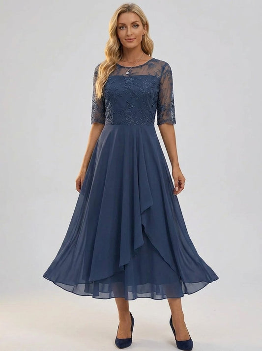 Elegant Midi Dress for Women Lace-Bodice Short-Sleeve