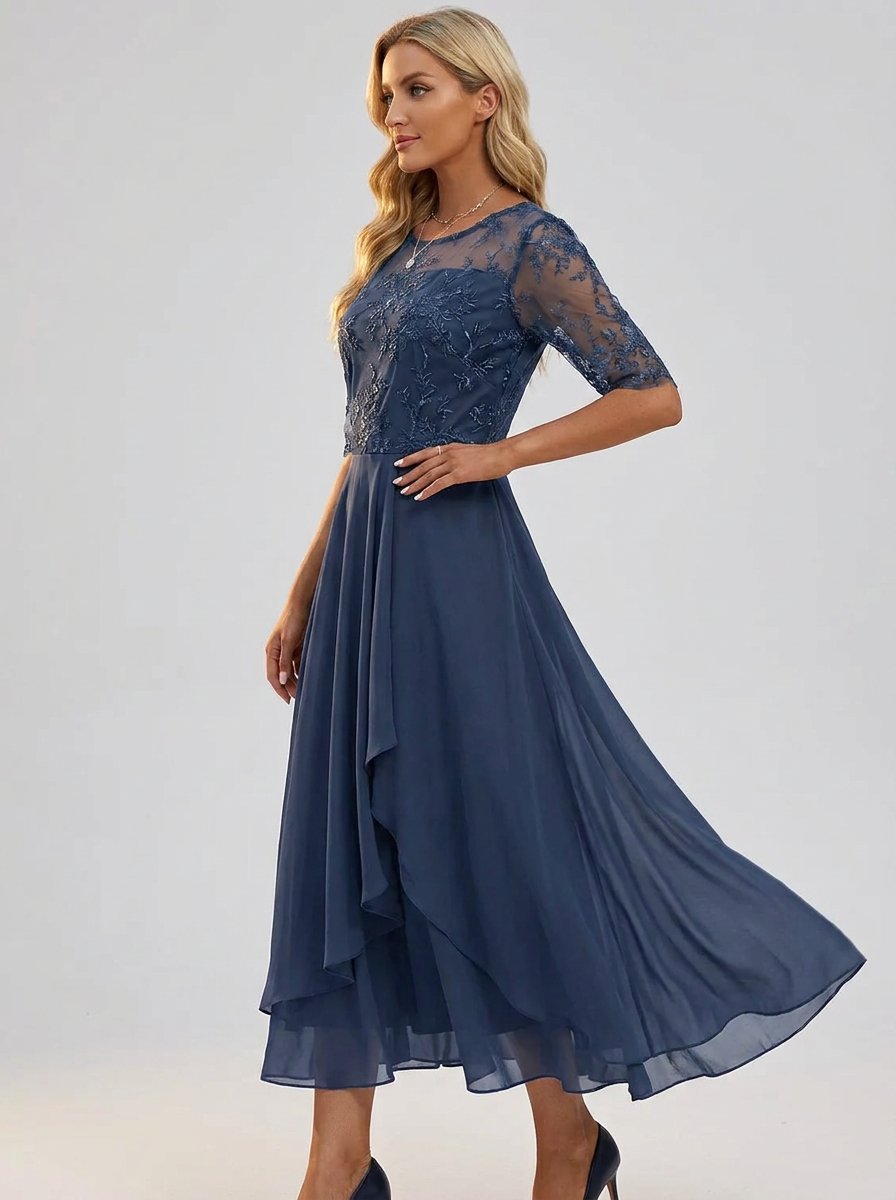 Elegant Midi Dress for Women Lace-Bodice Short-Sleeve