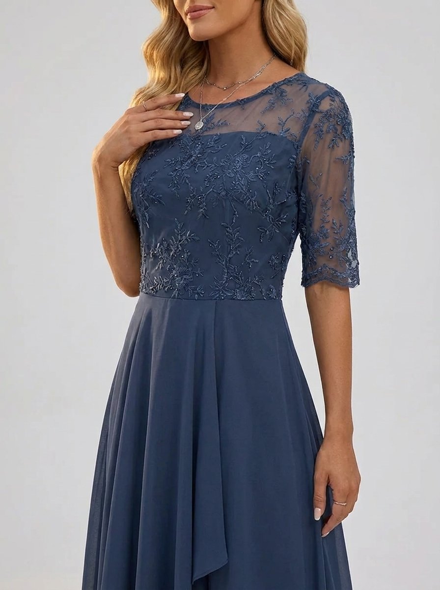 Elegant Midi Dress for Women Lace-Bodice Short-Sleeve