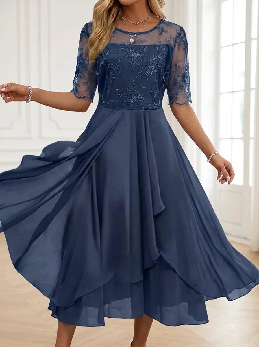 Elegant Midi Dress for Women Lace-Bodice Short-Sleeve