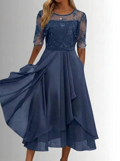 Elegant Midi Dress for Women Lace-Bodice Short-Sleeve