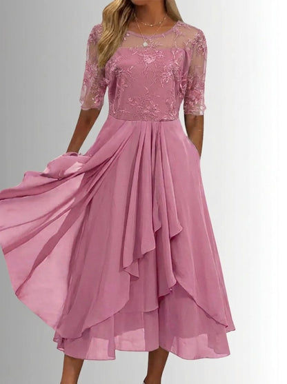 Elegant Midi Dress for Women Lace-Bodice Short-Sleeve